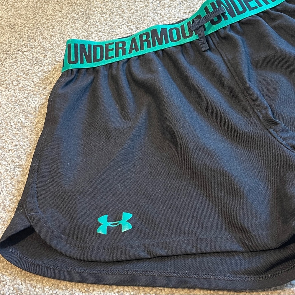Under Armour Black Athletic Shorts with Teal Logo and Waistband - Picture 3 of 4